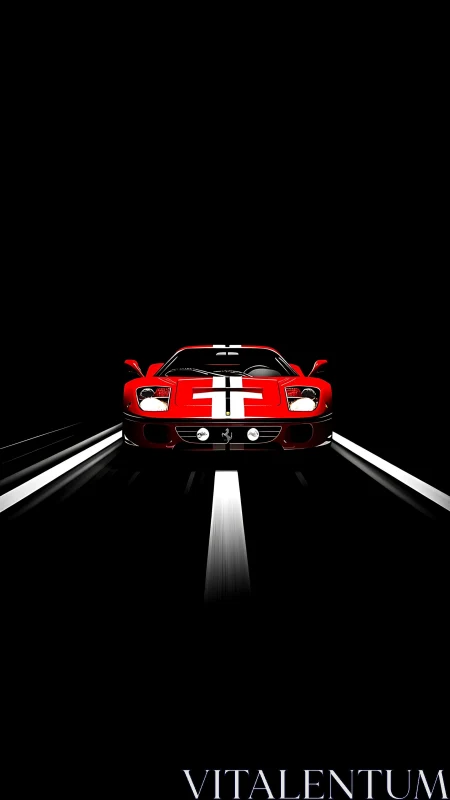 Red sports car front view on dark road with light trails.