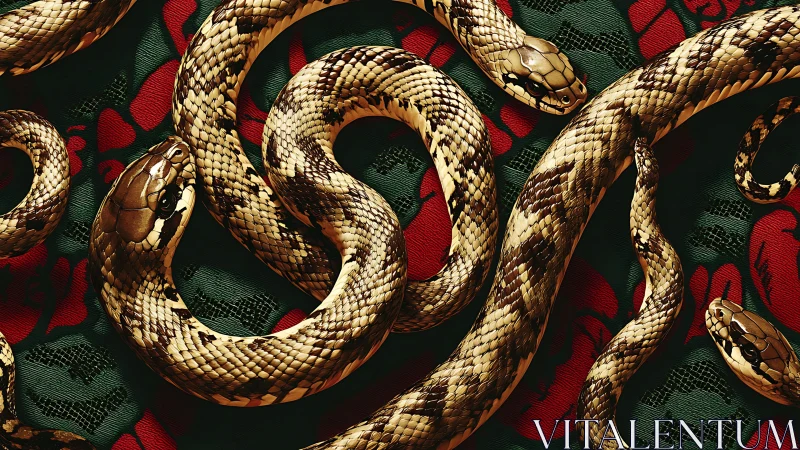 Coiled serpents over embroidered red and green textile pattern.