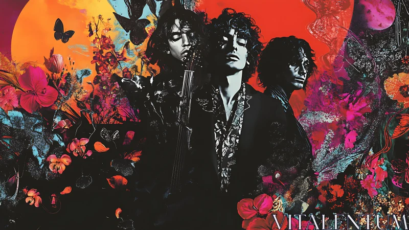 Electric blooms and mirrored musician in neon dreamscape.