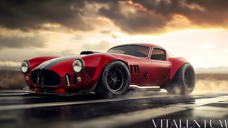 Red muscle sports car roars across a wet sunset highway