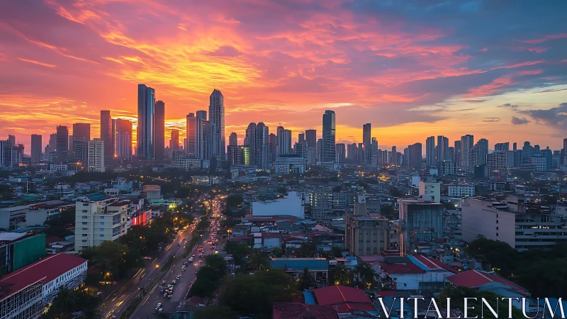 Skyscrapers sip molten sunset light above the restless city