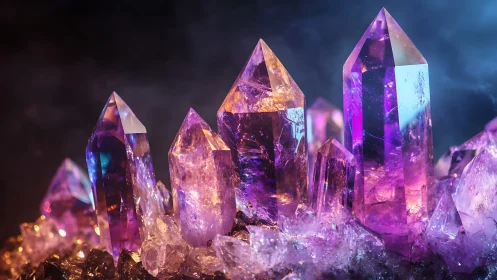 Amethyst crystal cluster glows with vivid violet light.
