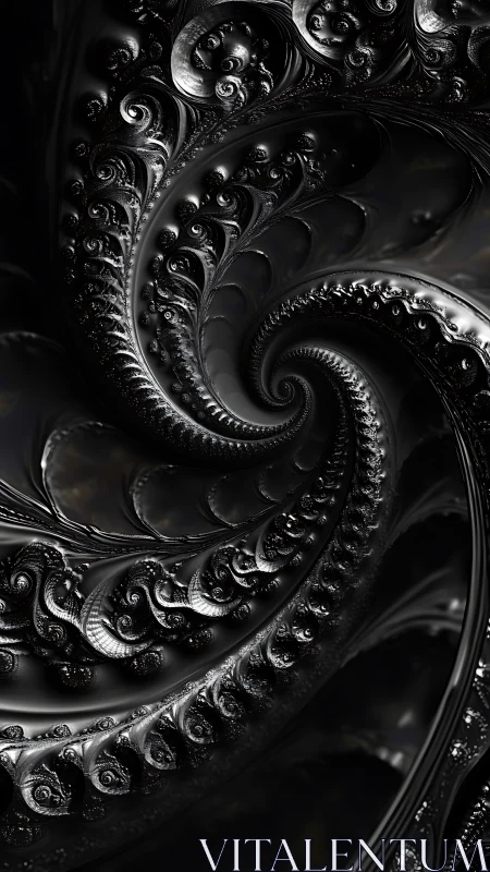 Dark metallic fractal spiral with ornate swirling patterns.