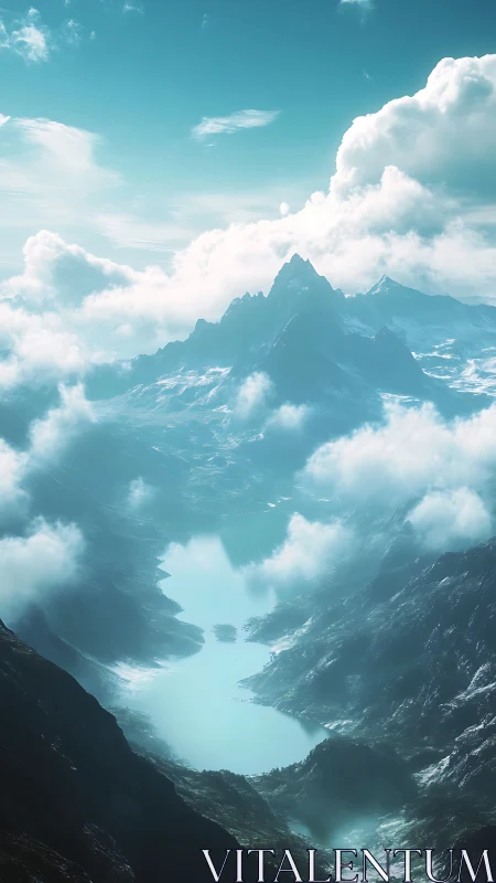 Glacial mountain lake lies in a dreamlike turquoise haze