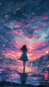 Skyline dreamwalker under neon dusk-tide clouds.