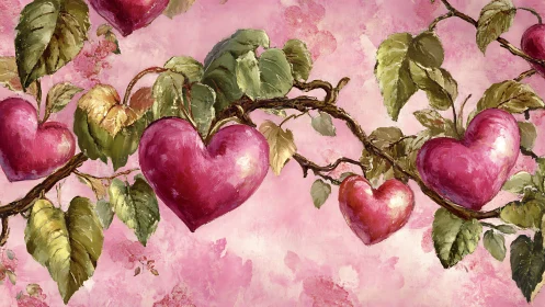 Heart-shaped fruit on leafy branches in textured pink field.