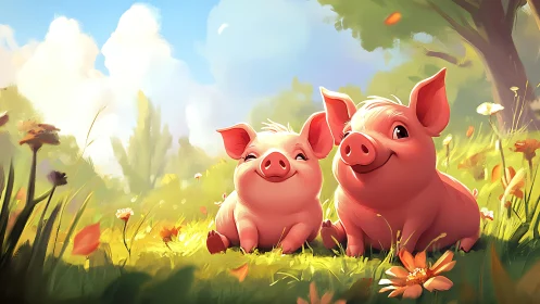 Sunlit piglet pals basking in a flower-splashed meadow.