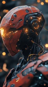 Futuristic combat android in red armor with glowing circuits.