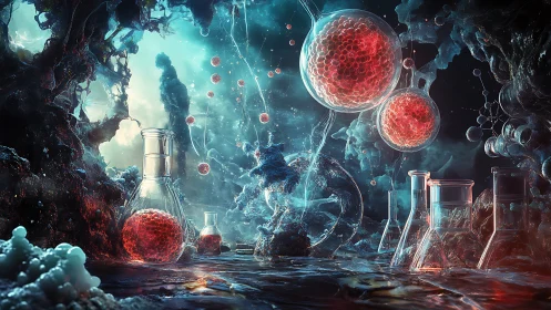 Bioluminescent lab orbs in surreal underwater experiment.