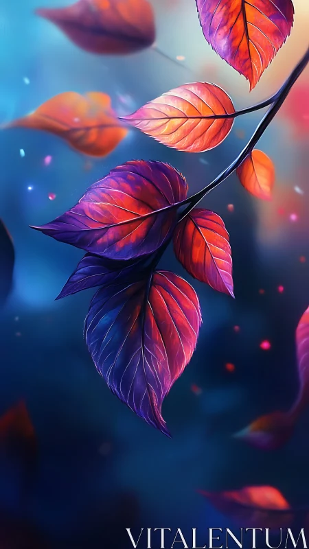 Colorful branch of glowing autumn leaves on dark blue.