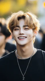 Young man in soft-focus street portrait with luminous bokeh
