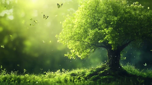 Lush Green Tree in Sunlit Forest with Butterflies, Digital Art.