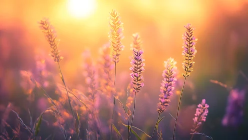 Lavender twilight blooms bask in liquid gold sunset haze.