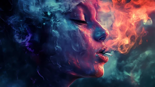 Chromatic portrait of smoking woman in swirling neon fog.