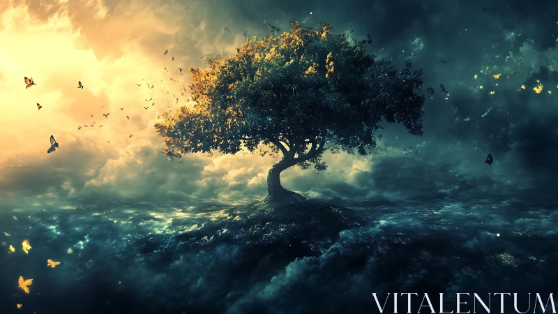 Midnight horizon tree quietly stitches day to stormy dusk