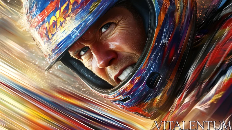 Intense race driver portrait in kinetic motion blur focus.