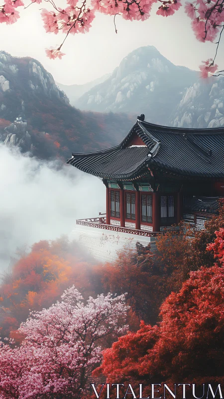 Mountain temple above mist with vivid red and pink blossoms.