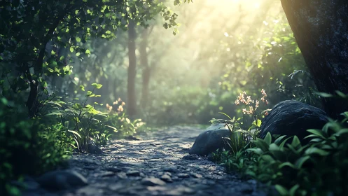 Forest path bathed in golden sunlight through dense canopy.