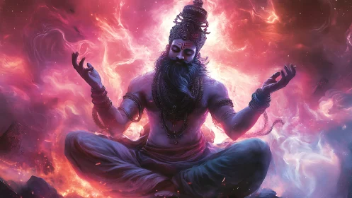 Cosmic yogi meditates within swirling astral firestorm.