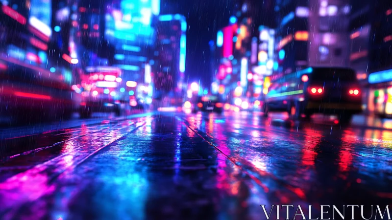 Neon city street reflects wet pavement under heavy night rain