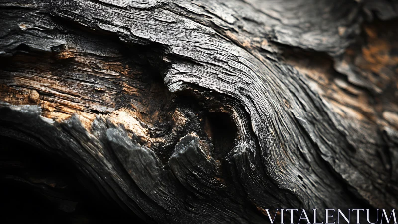 Charred tree bark reveals swirling textures and deep voids.