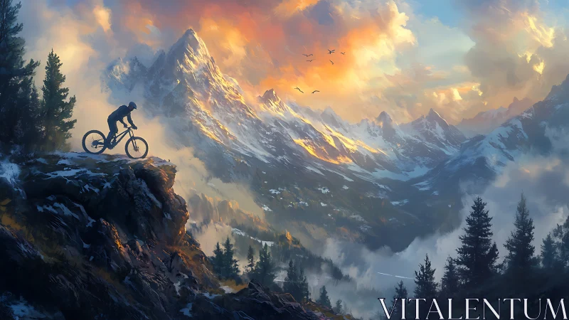 Mountain Biker Silhouetted on Cliff Edge at Alpine Sunrise