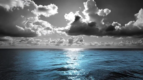 High-contrast seascape under cumulus cloud deck, selective cyan toning