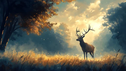 Stag stands in backlit forest clearing at sunrise