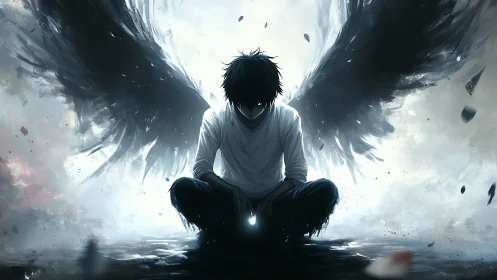 Fallen angel boy sits in glowing mist, holding silent light.