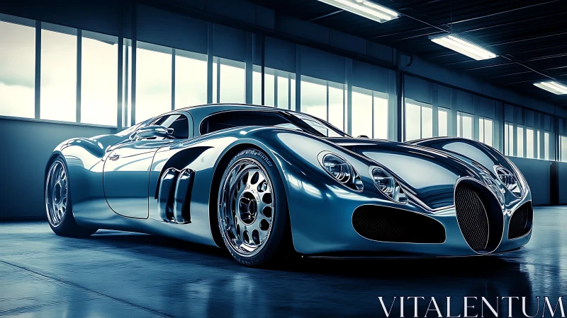 Futuristic chrome supercar in blue-tinted studio lighting.