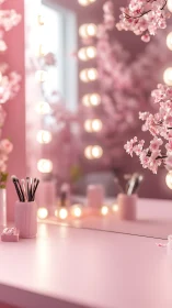 Soft-focus pink vanity with cherry blossoms and bokeh lights