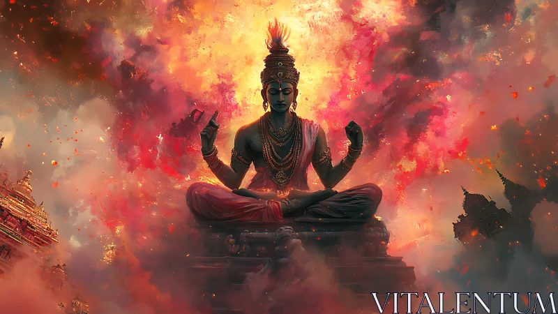 Radiant meditative deity seated in turbulent inferno cloudscape