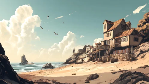 Seaside Architecture with Ornithological Elements and Stratocumulus Cloud Formation.