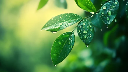 Fresh green leaves shimmer with morning raindrops in sunlight