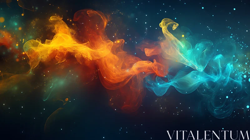 Digital painting of opposing nebula streams in deep space field.