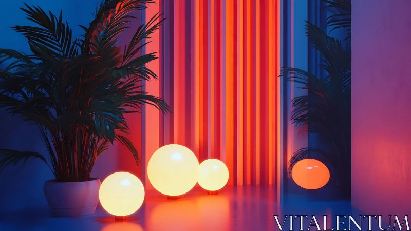 Orb lamps waltz through neon stripes in a midnight jungle