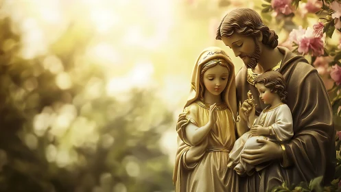 Sunlit family of sacred statues cradles quiet golden grace