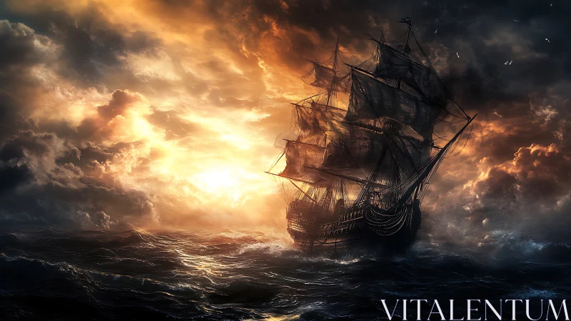 Storm-tossed galleon sails toward a blazing sunset horizon.