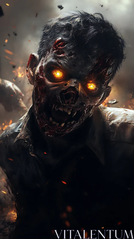 Burning-eyed zombie portrait in cinematic inferno lighting.
