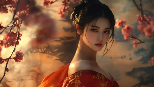 Radiant geisha portrait amid cinematic bokeh sakura bloom.