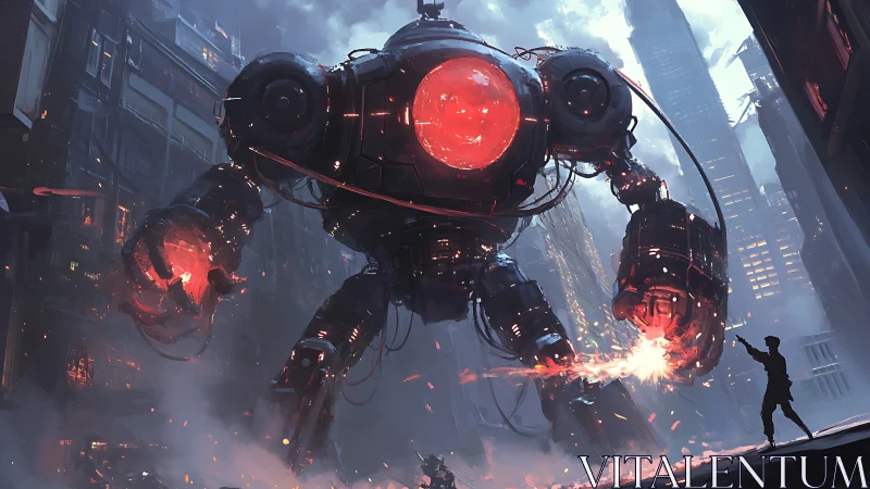 Cyberpunk mech colossus confronting lone figure in neon alleyway.