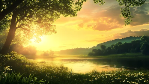 Sun-drenched river hush under emerald forest canopies.