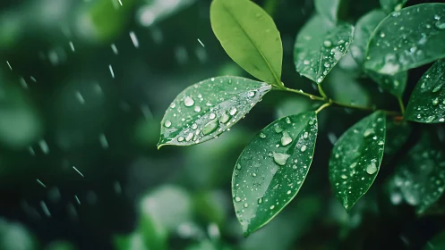 Green leaves with raindrops in close natural environment.