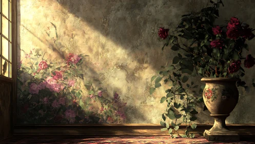 Sunlit roses cast shadows across textured interior wall