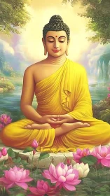 Golden robed Buddha rests in calm lotus meditation by water