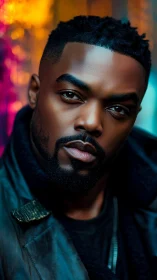 Moody neon drifter studies the lens with quiet defiance