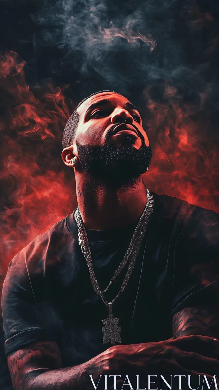 Man in dark shirt posed against red and black smoke background