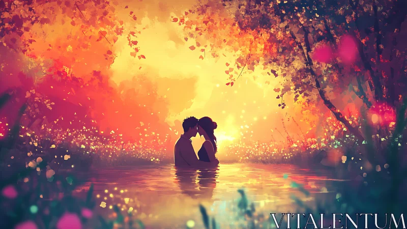 Silhouetted couple embracing in luminescent water during sunset sequence.
