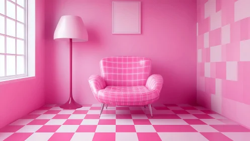 Pink plaid armchair in monochrome geometric interior.