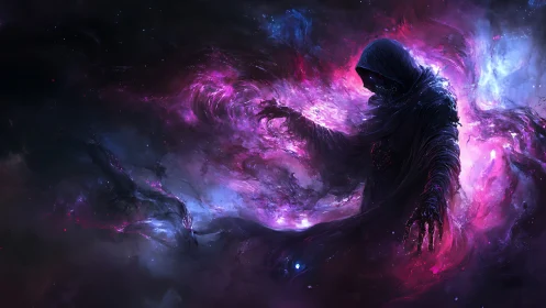 Hooded cosmic wraith emerges from swirling nebula void